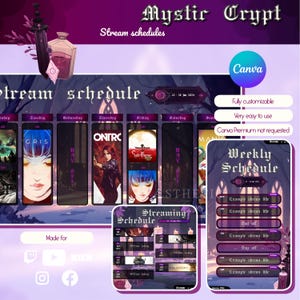 May include: A purple and black digital graphic design template for a weekly streaming schedule. The template features a gothic aesthetic with a large castle and a weekly schedule with days of the week and time slots. The template is customizable and easy to use. The text "Mystic Crypt" is at the top of the template.