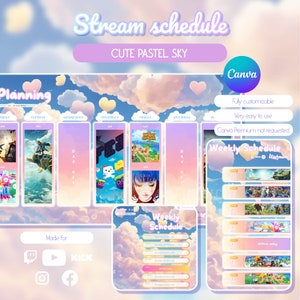 Pastel sky stream schedule. Cute stream schedule template. Clouds Twitch schedule and Instagram schedule. Canva template. Vtuber schedule