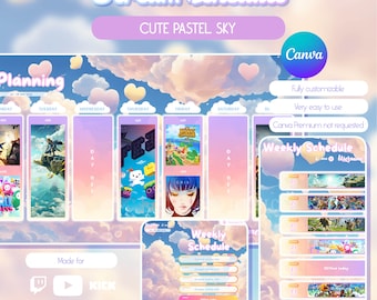 Pastel sky stream schedule. Cute stream schedule template. Clouds Twitch schedule and Instagram schedule. Canva template. Vtuber schedule