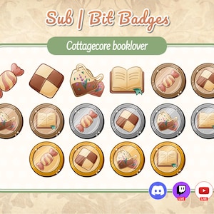 Cottagecore Twitch Badges: Tea, Biscuit, Book (Digital Download) Hand-Drawn