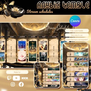 May include: A digital template for a weekly stream schedule with a gold and black color scheme. The template features a design of an Egyptian god with a golden crown and a scroll with the text "Weekly Schedule". The template is made for Twitch, YouTube, Kick, Instagram, and Facebook.
