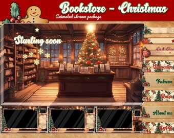 Cozy Christmas Bookstore Twitch Stream Overlay Package (Animated)