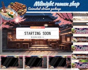 Puede incluir: Un paquete de transmisión animado para Twitch o YouTube con un restaurante japonés de ramen con un árbol de cerezo en flor rosa, un tazón de ramen y un letrero que dice "Midnight Ramen Shop". El paquete incluye una pantalla de inicio, un botón de suscripción, un botón de Patreon, un botón de reglas, un botón de información sobre mí y un botón de preguntas frecuentes.