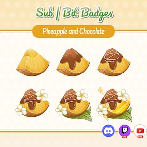 Peut inclure: Six badges animés différents représentant un ananas recouvert de chocolat. Les badges sont pour Twitch et YouTube. Le texte "Sub | Bit Badges" et "Pineapple and Chocolate" se trouve en haut de l'image.