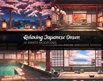 Japanese Onsen bundle ANIMATED BACKGROUNDS | Lofi art digital wall art perfect for Twitch, Vtuber, Stream decoration | japanese screen