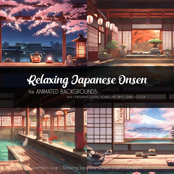 Lot d'onsen japonais ARRIÈRE-PLAN ANIMÉS | Décoration murale numérique Lofi art parfaite pour la décoration de Twitch, Vtuber, Stream | paravent japonais
