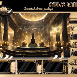 Könnte beinhalten: Anubis Temple animiertes Stream-Paket mit einem Schwarz-Gold-Farbschema. Das Bild zeigt ein goldenes Tempelinnere mit einer Statue von Anubis, einem Schakalgott in der ägyptischen Mythologie. Der Text "Der Stream startet in Kürze" wird in der Mitte des Bildes angezeigt. Das Paket enthält verschiedene animierte Elemente wie Benachrichtigungen, Panels und Overlays.