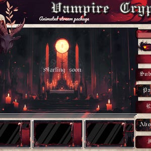 Pacote de sobreposição animada do Twitch de cripta de vampiros D&D. Painéis do Twitch de fantasia, sobreposição de transmissão gótica de Dungeon and Dragons, pacote de transmissão gótica de RPG