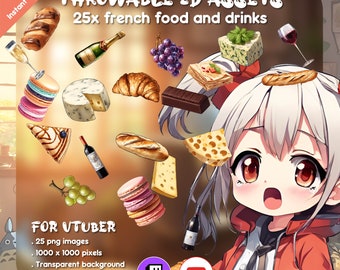 フランス料理 Vtuber 向け 25 種類の投げ物: 2D ストリームアセット (デジタルダウンロード)