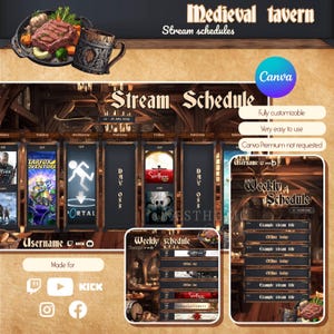 Peut inclure: Un modèle de planning de diffusion Twitch sur le thème d'une taverne médiévale avec un fond en bois brun. Le modèle comprend un planning hebdomadaire avec les jours de la semaine, les heures et les titres des jeux. Le modèle comprend également une section pour le nom d'utilisateur du streamer, les liens vers les médias sociaux et une section "Créé pour" avec des liens vers Twitch, YouTube, Kick, Instagram et Facebook.