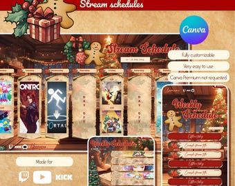 Könnte beinhalten: Eine weihnachtliche Stream-Zeitplanvorlage mit Lebkuchenmännern, einem Weihnachtsbaum und dem Text "Bookstore - Christmas". Enthält ein wöchentliches Zeitplan-Layout und Canva-Anpassungsoptionen.