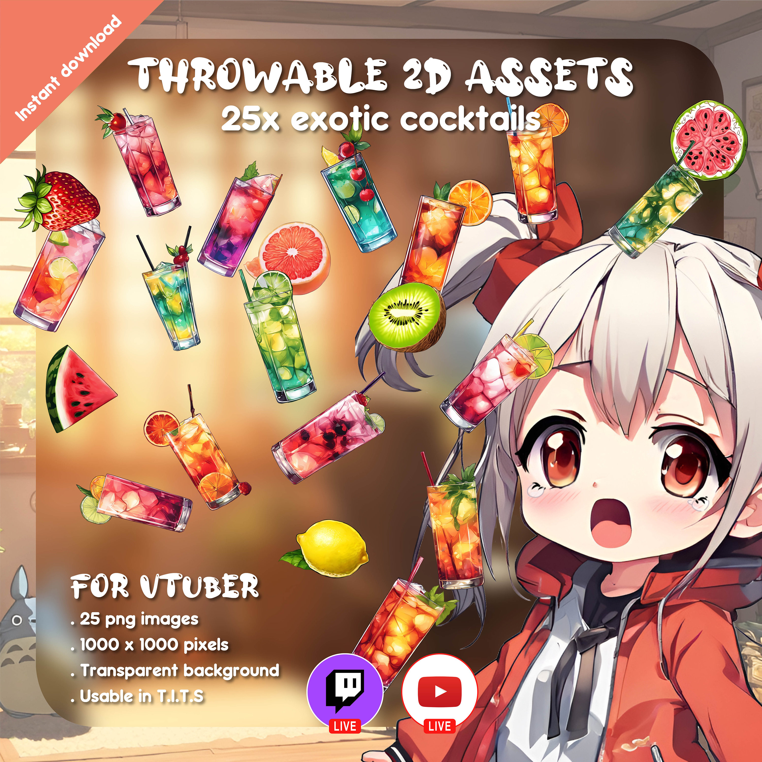 25 種類のカクテル投げ物：2D Vtuber アセット (PNG)