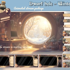 May include: A winter-themed animated stream package with a gingerbread man, a book, and a window overlooking a snowy forest. The package includes a donation button, a subscribe button, a Patreon button, a wishlist button, an about me button, and an FAQ button.