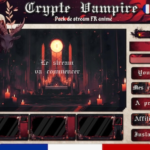 Peut inclure: Un pack d'art numérique sur le thème du vampire gothique. Le design présente une palette de couleurs rouge foncé et noire avec des illustrations de bougies, d'un intérieur d'église et d'une tête de chèvre. Le texte comprend "Crypte Vampire" et "Le stream va commencer".