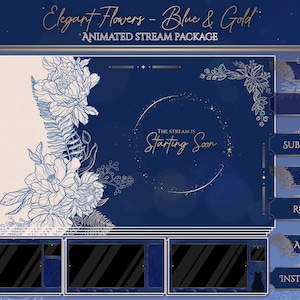 Pacote de sobreposição floral Twitch: pacote de transmissão azul e dourado (sem IA) (download digital)