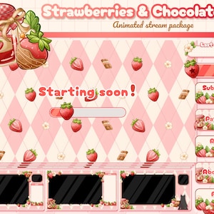 Hand-Drawn Strawberry Twitch Overlay Package: Kawaii Stream Assets (Digital Download)