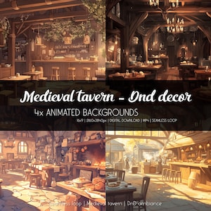 Peut inclure: Quatre arrière-plans animés d'une taverne médiévale avec une ambiance chaleureuse et accueillante. La taverne comprend des poutres en bois, des murs en pierre et une cheminée. Il y a des tables et des chaises dans toute la taverne, ainsi qu'un bar. Les arrière-plans sont parfaits pour une utilisation dans des jeux de rôle ou d'autres projets créatifs.