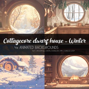 May include: Four animated backgrounds featuring a cottagecore dwarf house in a winter setting. The backgrounds include a snowy forest scene, a cozy kitchen with a round window, a snowy cottage with a round door, and a room with a fireplace and a view of a snowy mountain range.