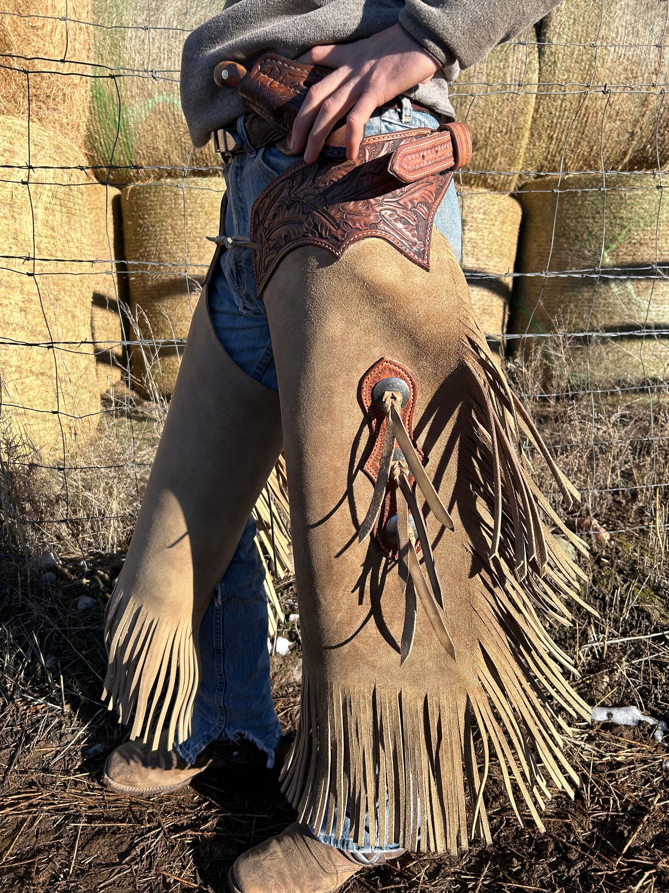 Leather Chinks/Chaps, Western, Rough Out, Natural, Tooled, Fringe