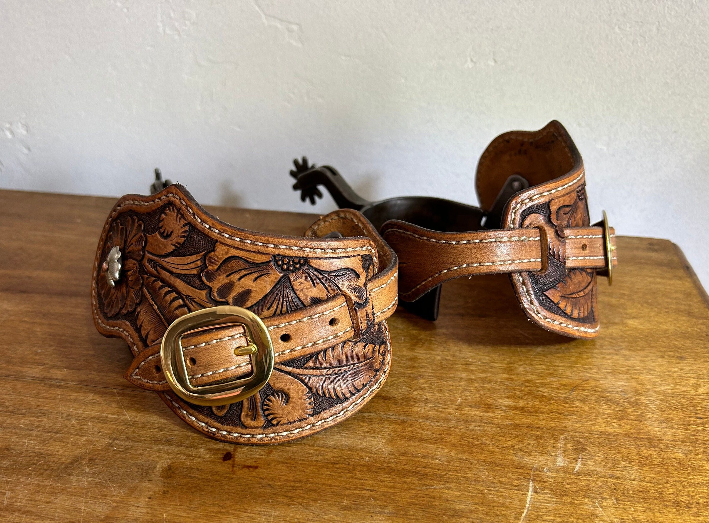 Western Leather Spur Straps, Custom, Tooled, Handmade, Floral, Initials