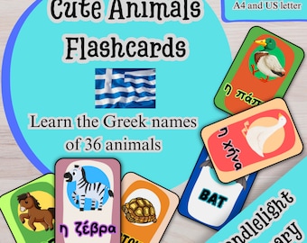 Cute Animals Flashcards: Learn Greek (Digital Download)