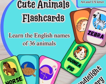 Cute Animals Flashcards, English Learning (Digital Download)