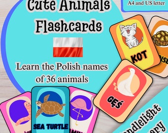 Cute Animals Flashcards: Learn Polish & English (Digital Download)