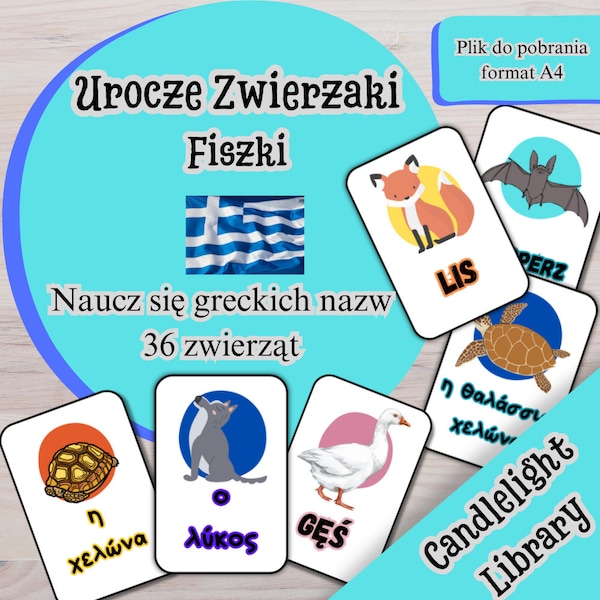 Urocze zwierzaki. Fiszki. Naucz się greckich nazw 36 zwierząt z zestawem 72 fiszek do wydrukowania. (alternatywna paleta kolorów)