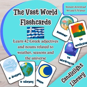 Les flashcards du Monde Vaste. Apprenez 42 noms et adjectifs grecs liés à la météo et aux saisons avec ce lot de 84 cartes mémoire à imprimer.