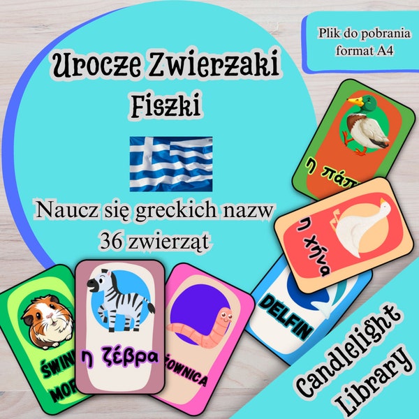 Urocze zwierzaki. Fiszki. Naucz się greckich nazw 36 zwierząt z zestawem 72 fiszek do wydrukowania.