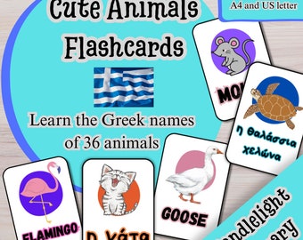 Cute Animals Flashcards: Learn Greek Names (Digital Download)