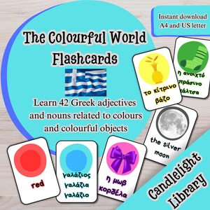 Les flashcards du monde coloré. Apprenez 42 noms et adjectifs grecs liés aux couleurs avec ce lot de 84 cartes-éclair à imprimer.