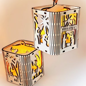 Wooden Christmas lantern with curved edge, Nativity scene, Christmas Eve. Christmas candle holder. image 1
