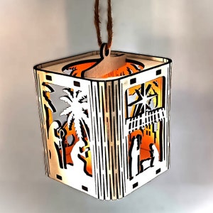 Wooden Christmas lantern with curved edge, Nativity scene, Christmas Eve. Christmas candle holder. image 2