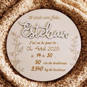 Gepersonaliseerde houten geboortemijlpaalkaart – Aankondiging van de geboorte van de baby – Gravure van de voornaam – Om in te vullen – Idee voor een geboortecadeau