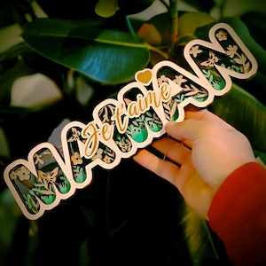 Palavra "MAMAN" recortada e colada para dar um efeito de relevo. Presente para mãe, letras de madeira, dia das mães, nome de madeira, palavra