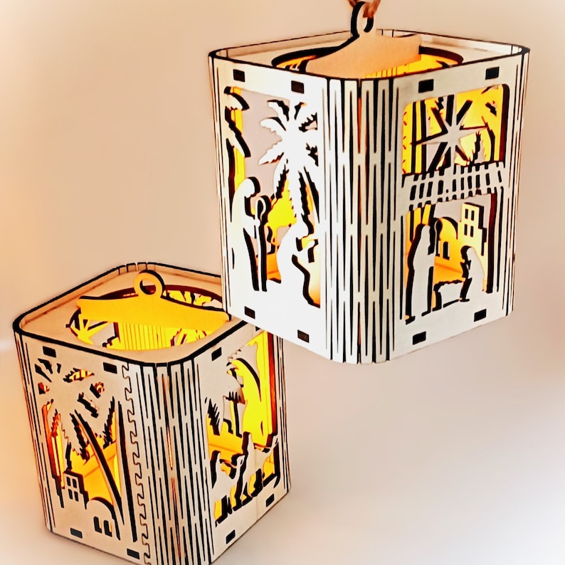 Wooden Christmas lantern with curved edge, Nativity scene, Christmas Eve. Christmas candle holder. image 1