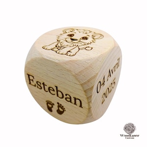 Cubo di nascita in legno personalizzato – Nome, data, altezza, peso, segno zodiacale, simpatico animale inciso – Regalo per neonati – Dado di legno XXL