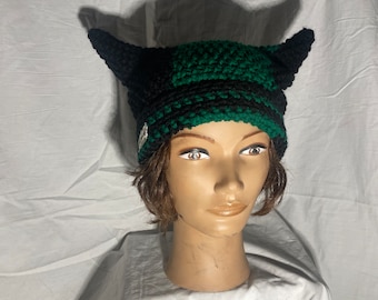 Black and green crochet beanie with horns