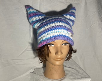 Blue stripe beanie with ears