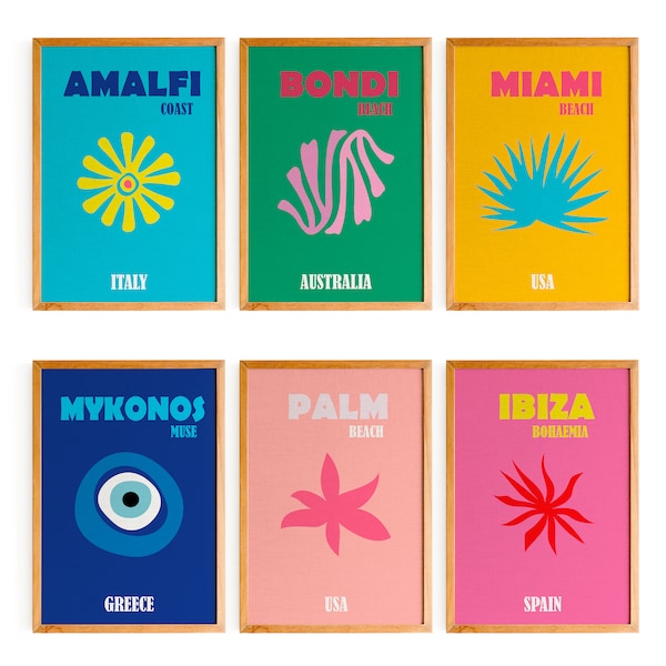 Set mit 6 Drucken mit berühmten Orten auf Reisen | Ibiza, Miami, Mykonos, Amalfi, Bondi, Palm Beach | Preppy-Poster im y2k-Stil | Boho Gallery Art-Set
