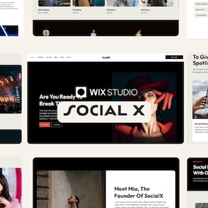 May include: Website screenshot featuring a black and white image of a woman wearing a red hat and red clothing. The text "WIX STUDIO" and "SOCIAL X" are displayed in white against a black background.