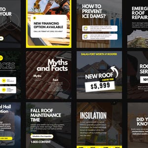 May include: A collage of nine black and yellow squares with text about roofing services. The text includes "Is it time to replace your roof?", "New financing option available", "How to prevent ice dams?", "Emergency roof repairs", "Our services", "Myths and facts", "Dallas-Fort Worth #1 roofer", "New roof starting from $5,999", "Roofing services 10% off", "Wind and hail restoration", "Fall roof maintenance time", "Insulation", and "Did you know?"