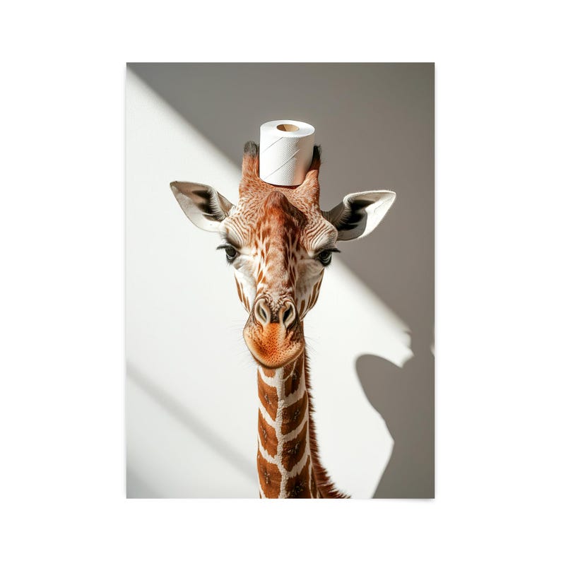 May include: A giraffe with a white toilet paper roll on its head, looking directly at the camera. The giraffe has brown and white spots and a long neck. The background is white.