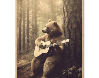 Living room picture bear playing guitar poster office living room decoration animal poster bear vintage picture forest art deco home decoration wallspring®