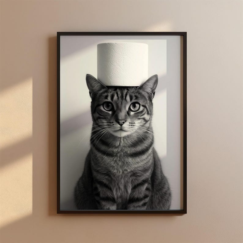 May include: Black and white framed print featuring a tabby cat with a roll of toilet paper balanced on its head. The cat is centered, looking directly at the viewer. The background is a plain white wall.
