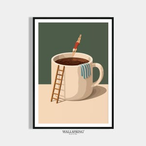 Lustiges Küchen Kaffee Poster - Taucher springt in Kaffeebecher - Modernes Wohndekor Esszimmer -Geschenk Kaffeeliebhaber - Kaffeeecke Deko