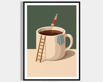 Funny Kitchen Coffee Poster - Diver Jumps into Coffee Mug - Modern Dining Room Decor - Gift for Coffee Lovers - Coffee Corner Decor