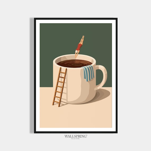 Lustiges Küchen Kaffee Poster - Taucher springt in Kaffeebecher - Modernes Wohndekor Esszimmer -Geschenk Kaffeeliebhaber - Kaffeeecke Deko