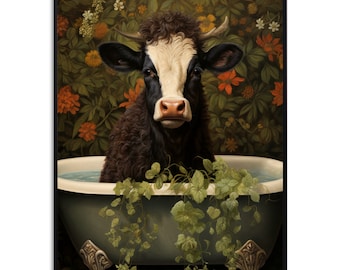 Badkamerfoto koe in badkuip poster gastentoilet decoratie badkamerposter grappige trendy poster art deco badkamerdecoratie wallspring®